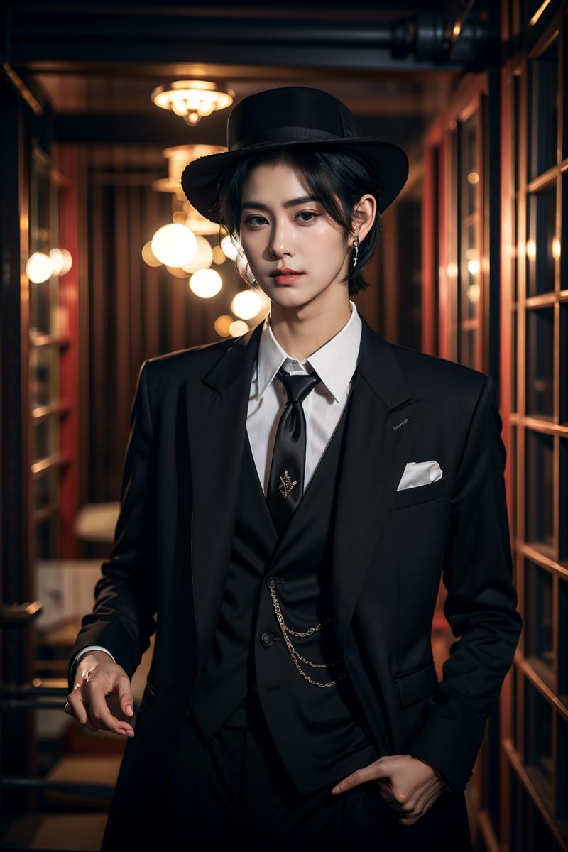 01991-1798555753-sd mai, Suit thug, solo, jewelry, necktie, blurry background, hat, black hair, blurry, earrings, 1girl, formal, shirt, suit, whi.png